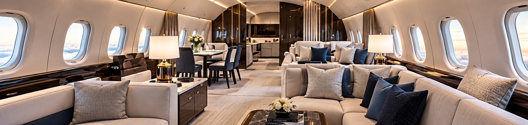 Illustrative spacious business aircraft cabin